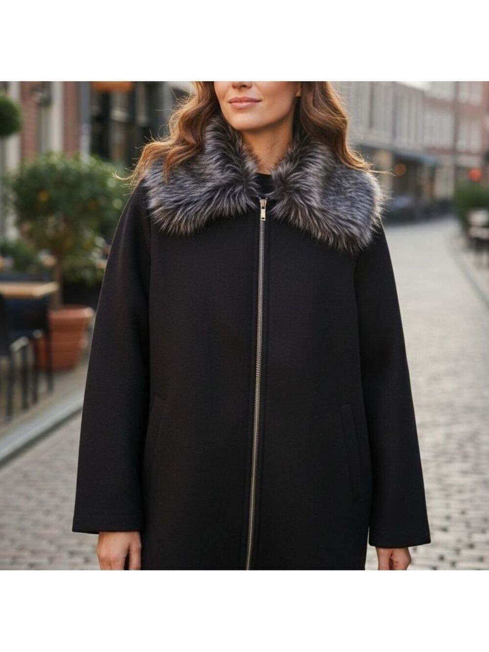 Susan Graver Black Trench  Jacket Coat with Faux Fur Wool Winter Large